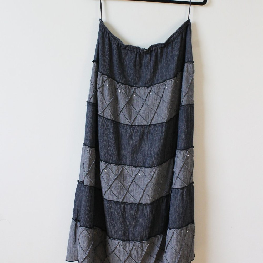 Y2K Vintage Denim Patchwork + Rhinestone Maxi Skirt 32"W